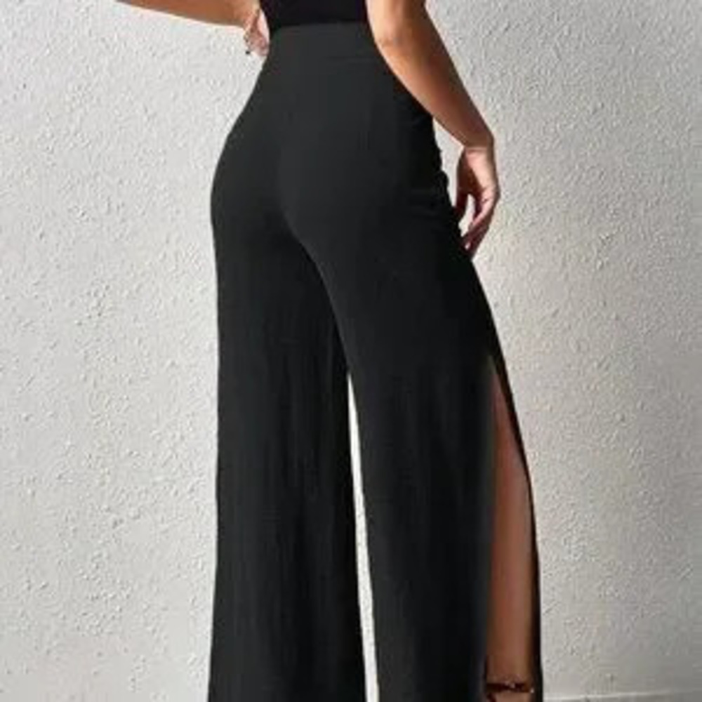 Black Elegant Women's Split Thigh Wide Leg Pants